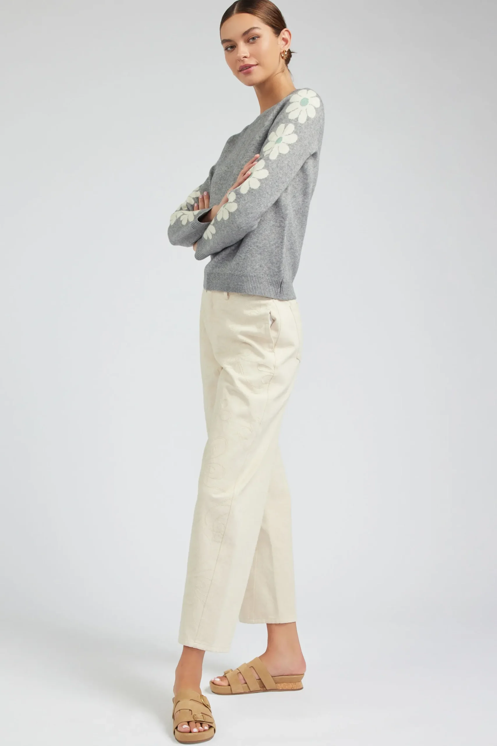 Knitwear|Sweaters-Current Air Retro Daisy Motif Sweater HEATHERGREY