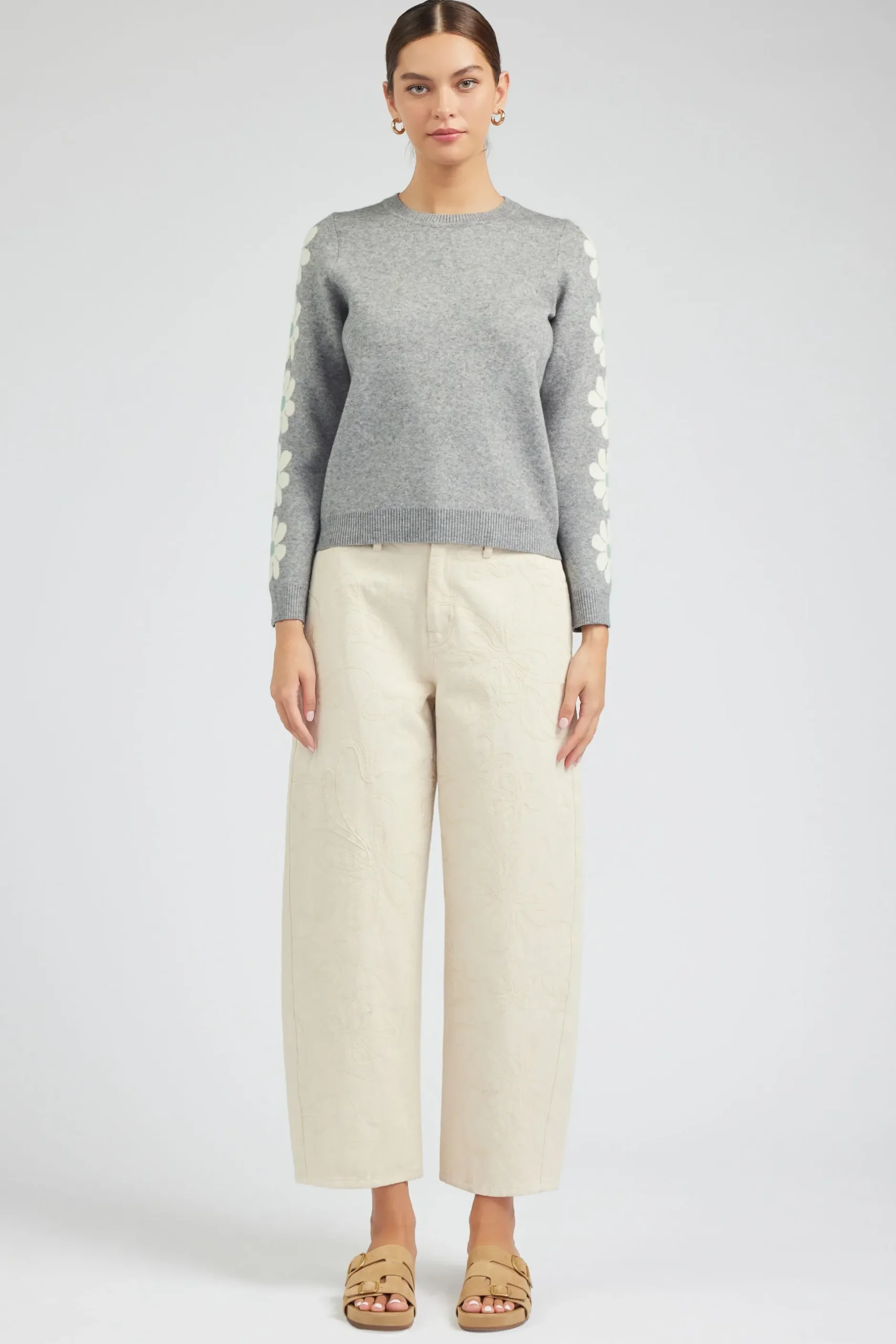 Knitwear|Sweaters-Current Air Retro Daisy Motif Sweater HEATHERGREY