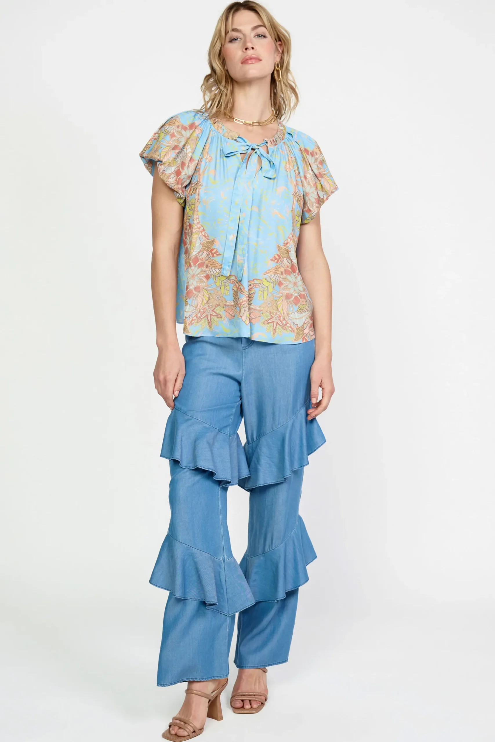 Short Sleeve Tops-Current Air Retro Floral Bubble Sleeve Top SKY