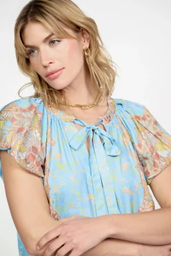Short Sleeve Tops-Current Air Retro Floral Bubble Sleeve Top SKY