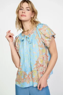 Short Sleeve Tops-Current Air Retro Floral Bubble Sleeve Top SKY