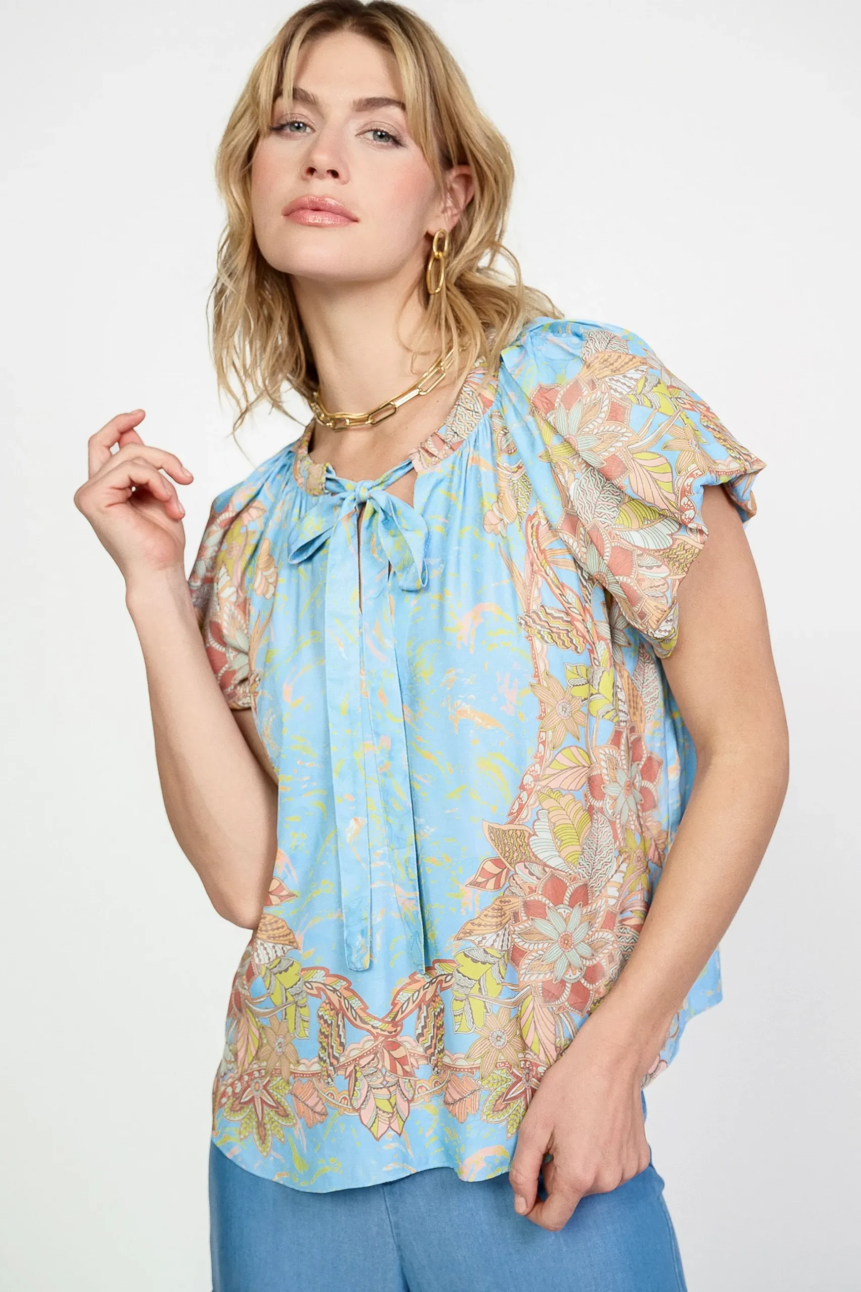 Short Sleeve Tops-Current Air Retro Floral Bubble Sleeve Top SKY