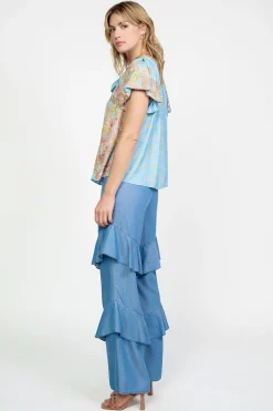 Short Sleeve Tops-Current Air Retro Floral Bubble Sleeve Top SKY