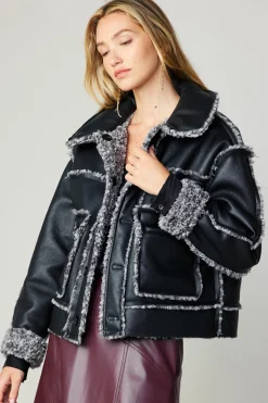 Coats & Jackets-Current Air Reversible Vegan Leather Shearling Jacket BLACK