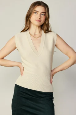 Sleeveless Tops-Current Air Ribbed Collar Sweater Vest BONE