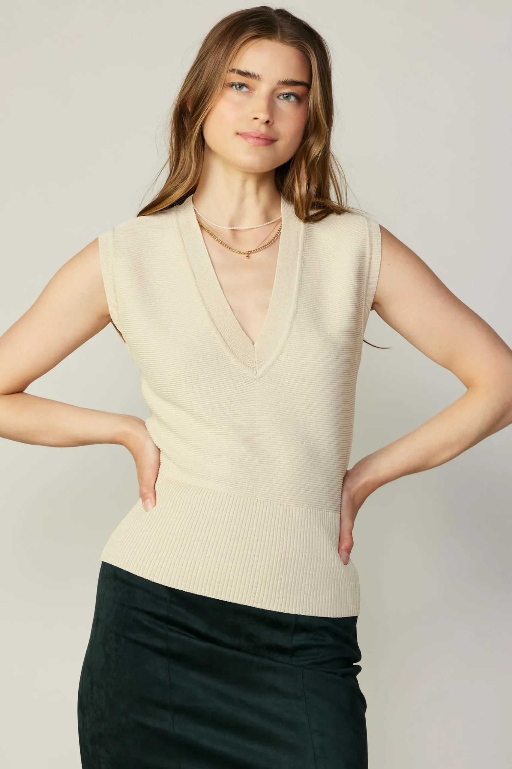 Sleeveless Tops-Current Air Ribbed Collar Sweater Vest BONE