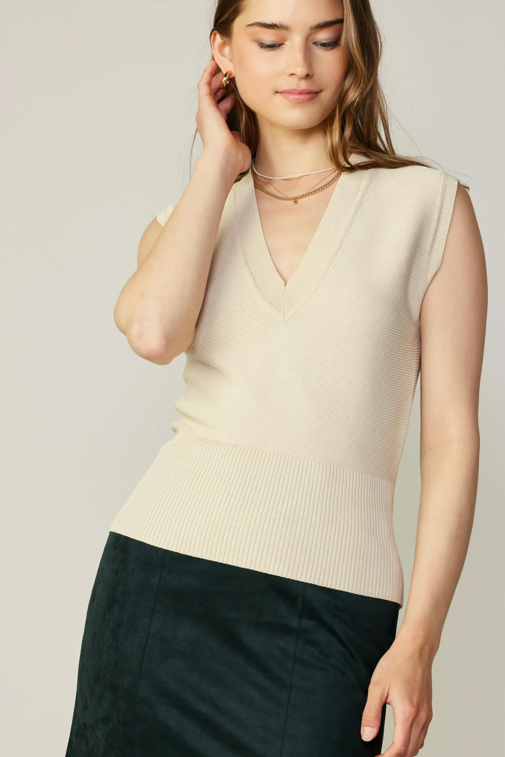 Sleeveless Tops-Current Air Ribbed Collar Sweater Vest BONE