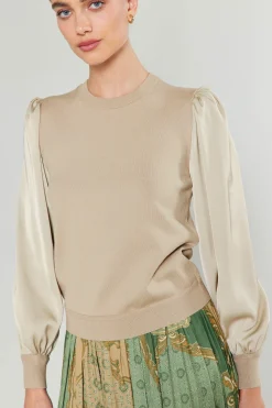 Knitwear|Sweaters-Current Air Ribbed Contrast Sleeve Sweater BEIGE