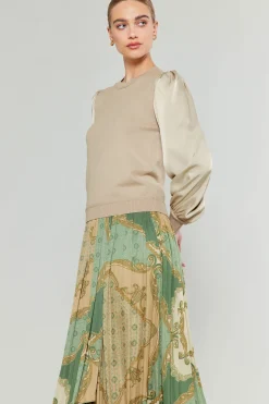 Knitwear|Sweaters-Current Air Ribbed Contrast Sleeve Sweater BEIGE