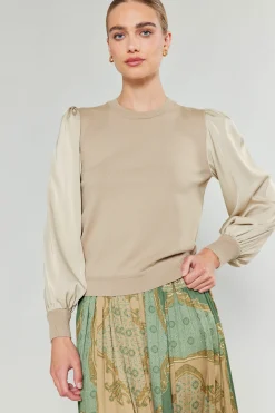 Knitwear|Sweaters-Current Air Ribbed Contrast Sleeve Sweater BEIGE