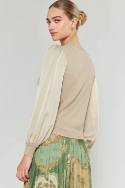 Knitwear|Sweaters-Current Air Ribbed Contrast Sleeve Sweater BEIGE