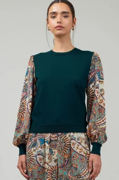 Knitwear|Sweaters-Current Air Ribbed Contrast Sleeve top GREENMLT