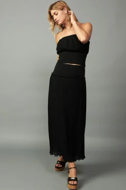 Skirts-Current Air Ribbed Waist Midi Skirt BLACK