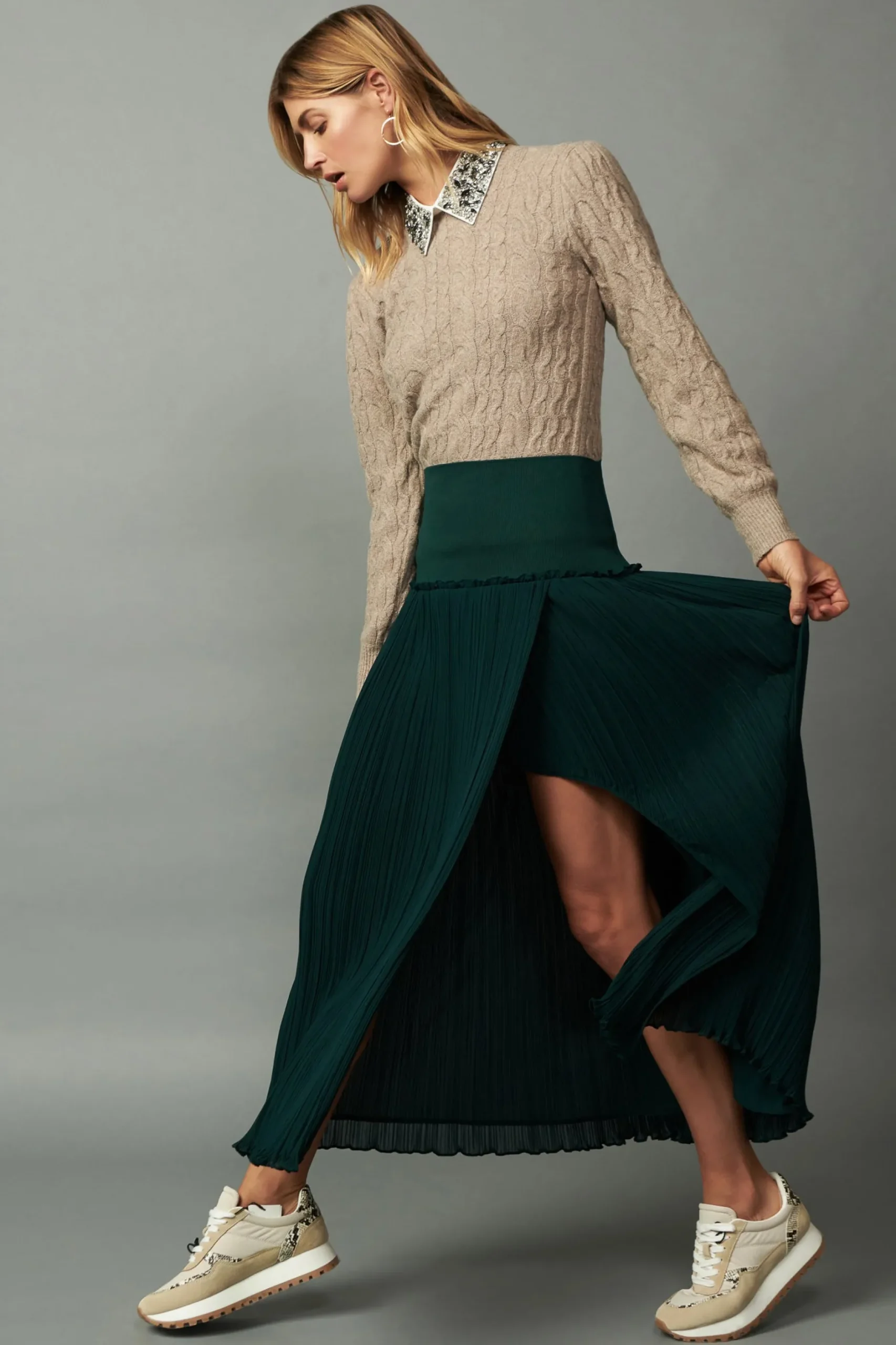 Skirts-Current Air Ribbed Waist Midi Skirt DARKGREEN