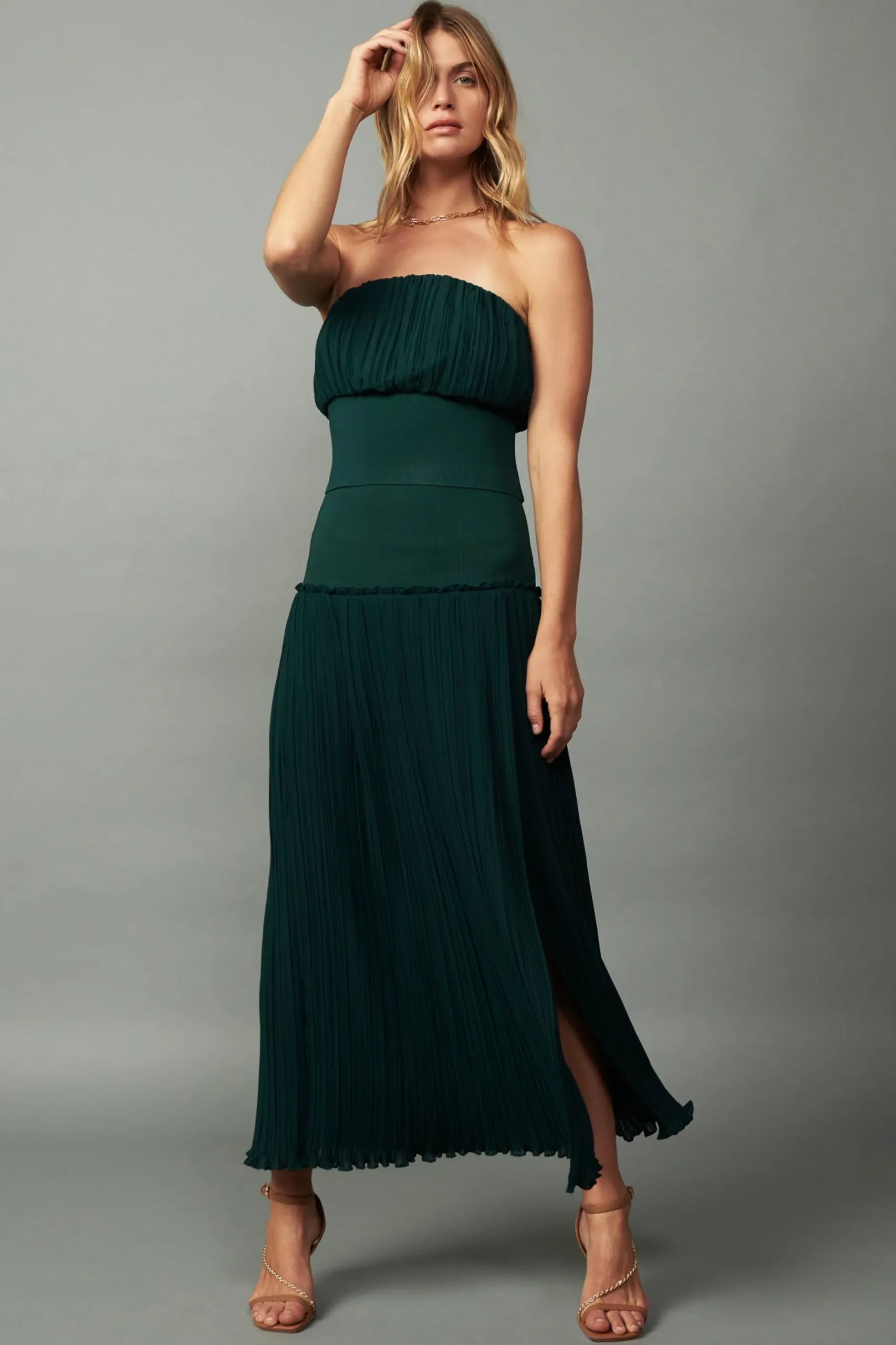 Skirts-Current Air Ribbed Waist Midi Skirt DARKGREEN