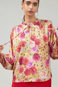 Long Sleeve Tops-Current Air Rosette Patterned Blouse YELLOWREDMLT