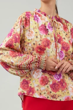 Long Sleeve Tops-Current Air Rosette Patterned Blouse YELLOWREDMLT