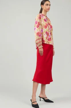 Long Sleeve Tops-Current Air Rosette Patterned Blouse YELLOWREDMLT