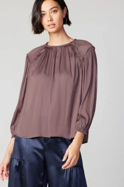 Long Sleeve Tops-Current Air Round Neck Ruffled Top MAUVEBROWN