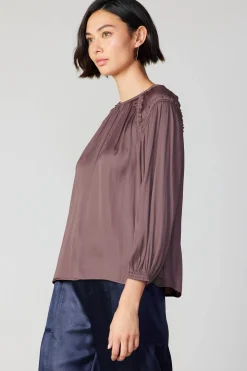 Long Sleeve Tops-Current Air Round Neck Ruffled Top MAUVEBROWN