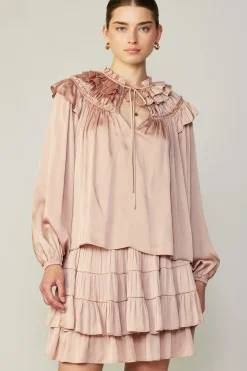 Long Sleeve Tops-Current Air Ruffle Cape Blouse FADEDBLUSH