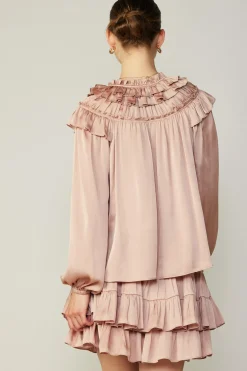 Long Sleeve Tops-Current Air Ruffle Cape Blouse FADEDBLUSH