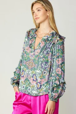 Long Sleeve Tops-Current Air Ruffle Trim Blouse GREENFLORALMLT