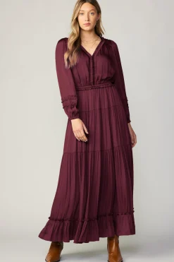 Maxi Dresses-Current Air Ruffle Trim Maxi Dress WINE