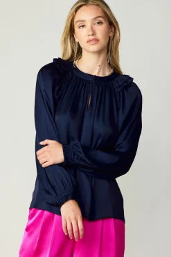Long Sleeve Tops-Current Air Ruffled Crewneck Blouse NAVY