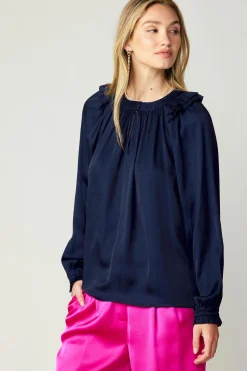 Long Sleeve Tops-Current Air Ruffled Crewneck Blouse NAVY