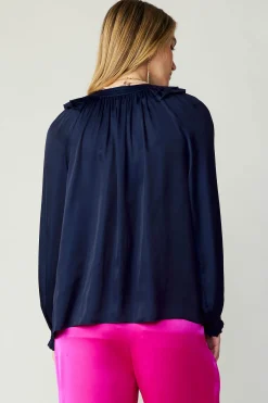 Long Sleeve Tops-Current Air Ruffled Crewneck Blouse NAVY