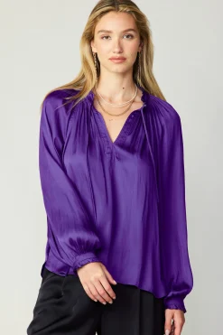 Long Sleeve Tops-Current Air Ruffled Cuff Blouse SPACEPURPLE