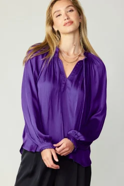 Long Sleeve Tops-Current Air Ruffled Cuff Blouse SPACEPURPLE
