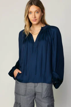 Long Sleeve Tops-Current Air Ruffled Cuff Blouse NAVY