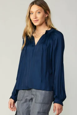 Long Sleeve Tops-Current Air Ruffled Cuff Blouse NAVY