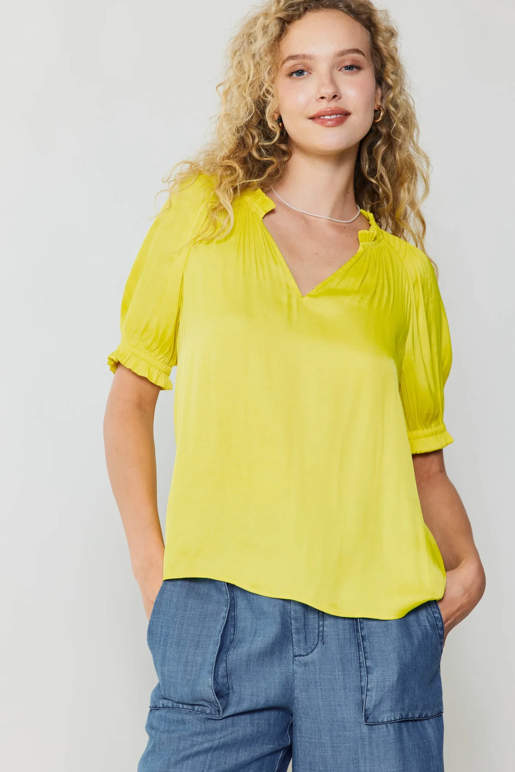Short Sleeve Tops-Current Air Ruffled Cuff Blouse PINEAPPLE