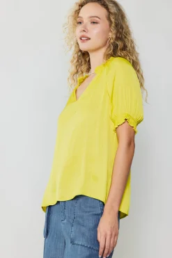 Short Sleeve Tops-Current Air Ruffled Cuff Blouse PINEAPPLE
