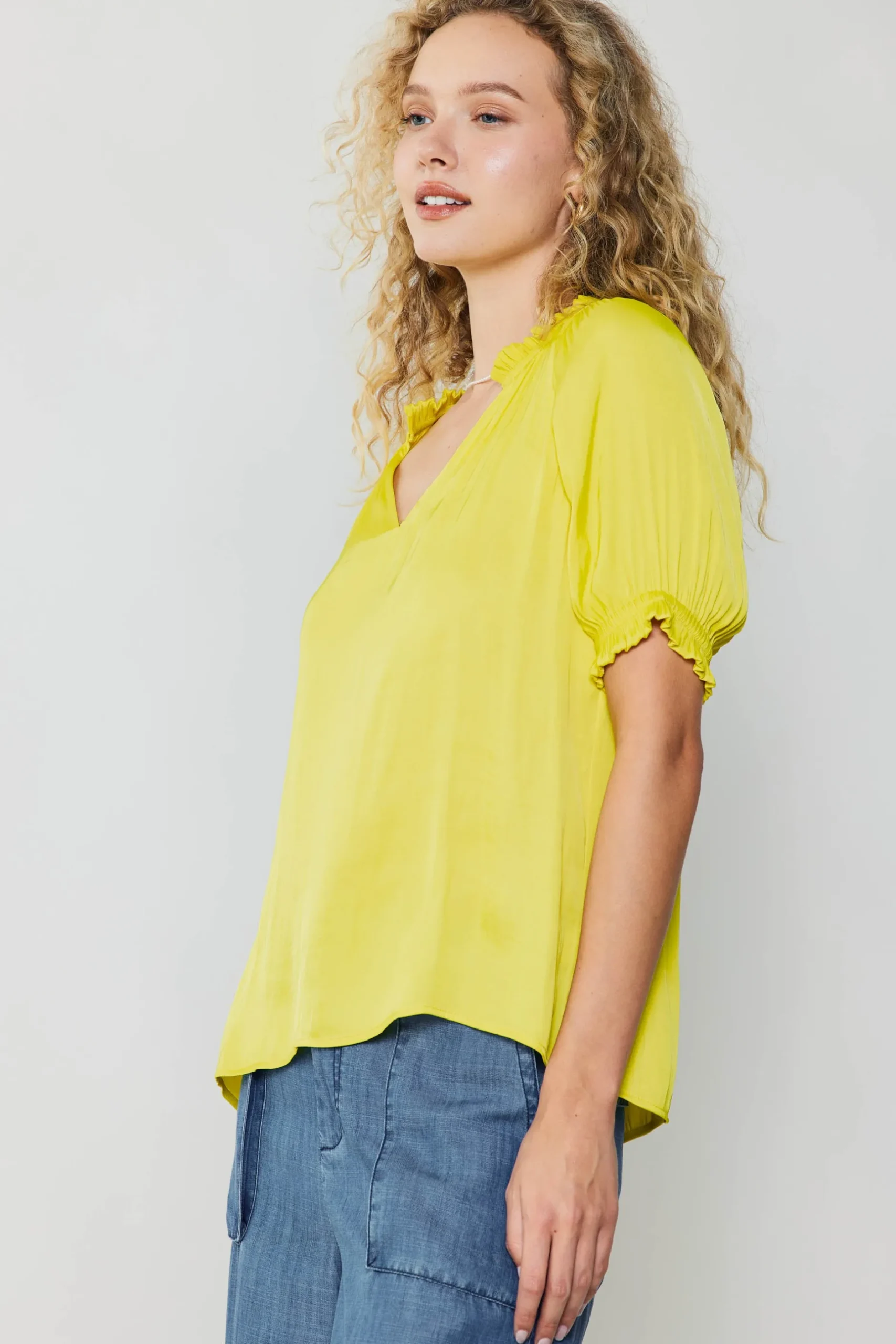 Short Sleeve Tops-Current Air Ruffled Cuff Blouse PINEAPPLE