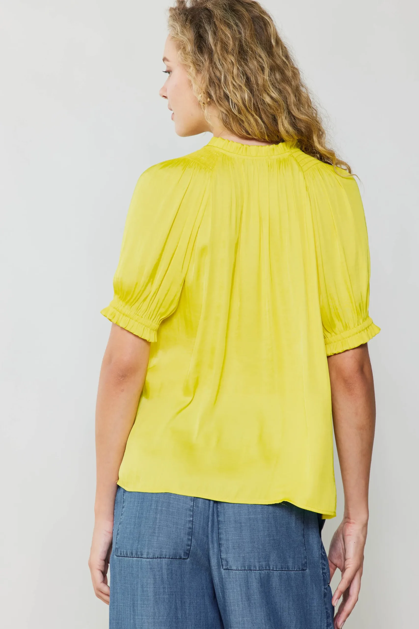 Short Sleeve Tops-Current Air Ruffled Cuff Blouse PINEAPPLE