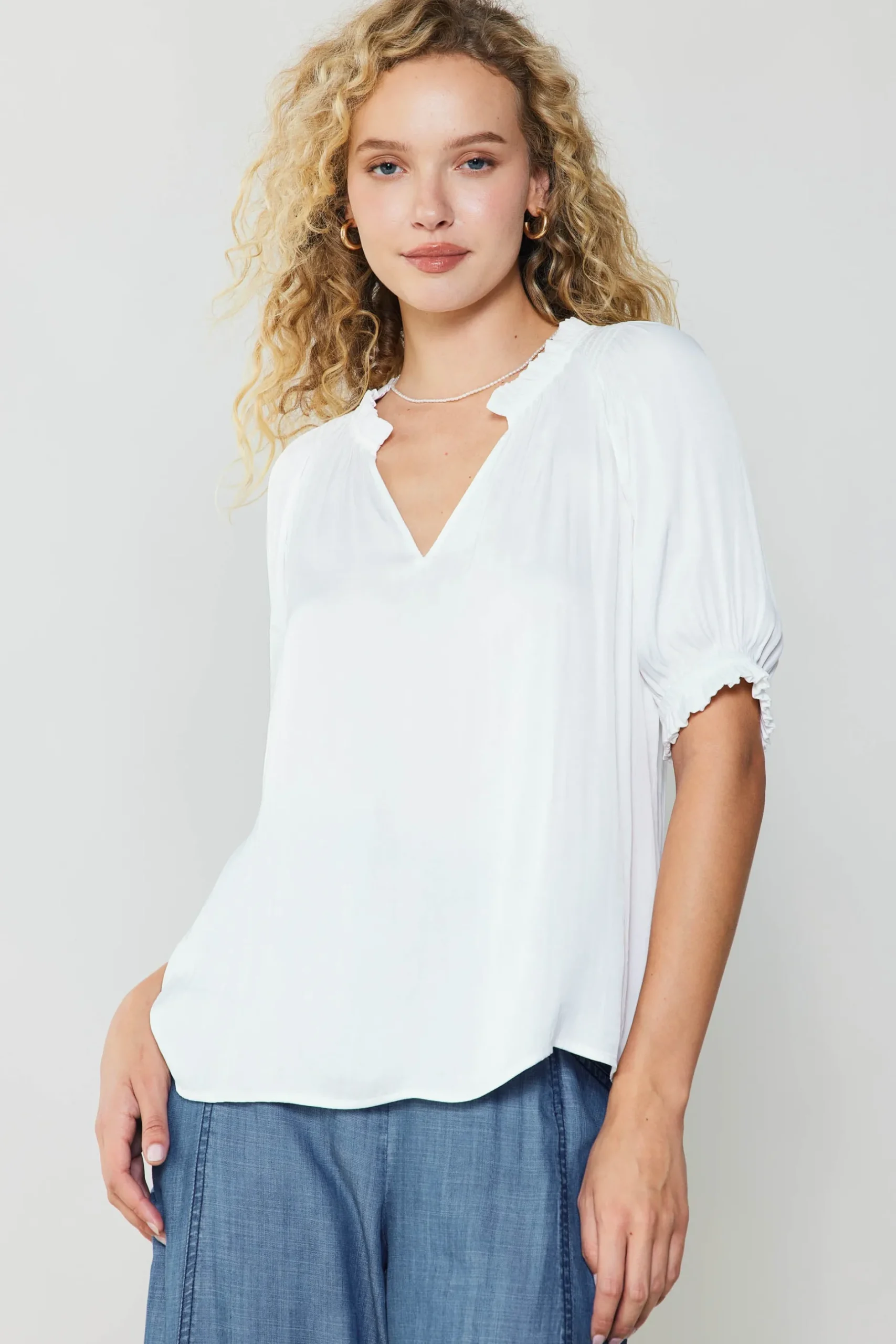 Short Sleeve Tops-Current Air Ruffled Cuff Blouse WHITE