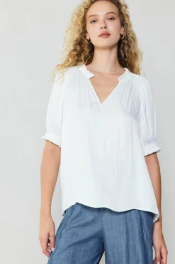 Short Sleeve Tops-Current Air Ruffled Cuff Blouse WHITE