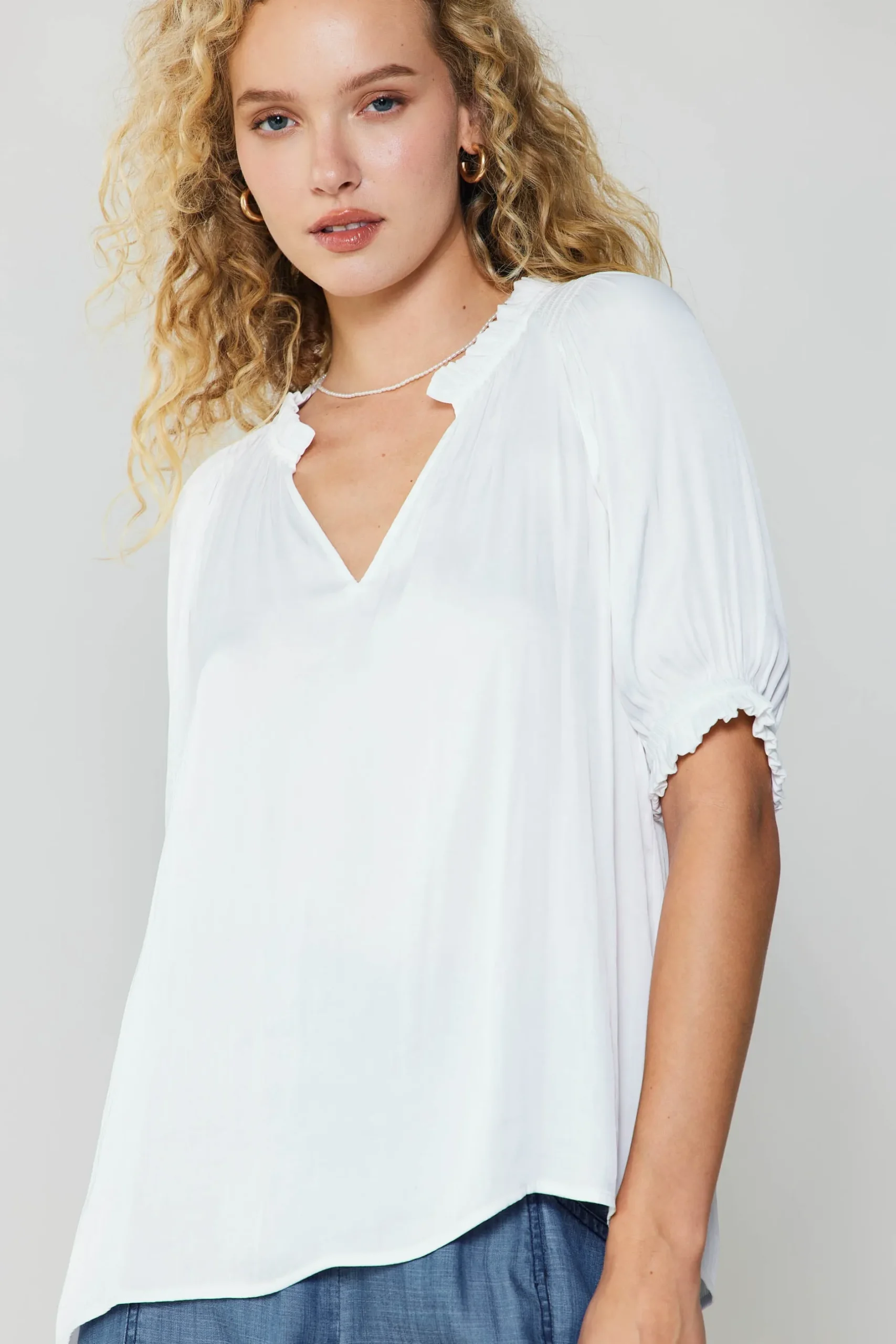 Short Sleeve Tops-Current Air Ruffled Cuff Blouse WHITE