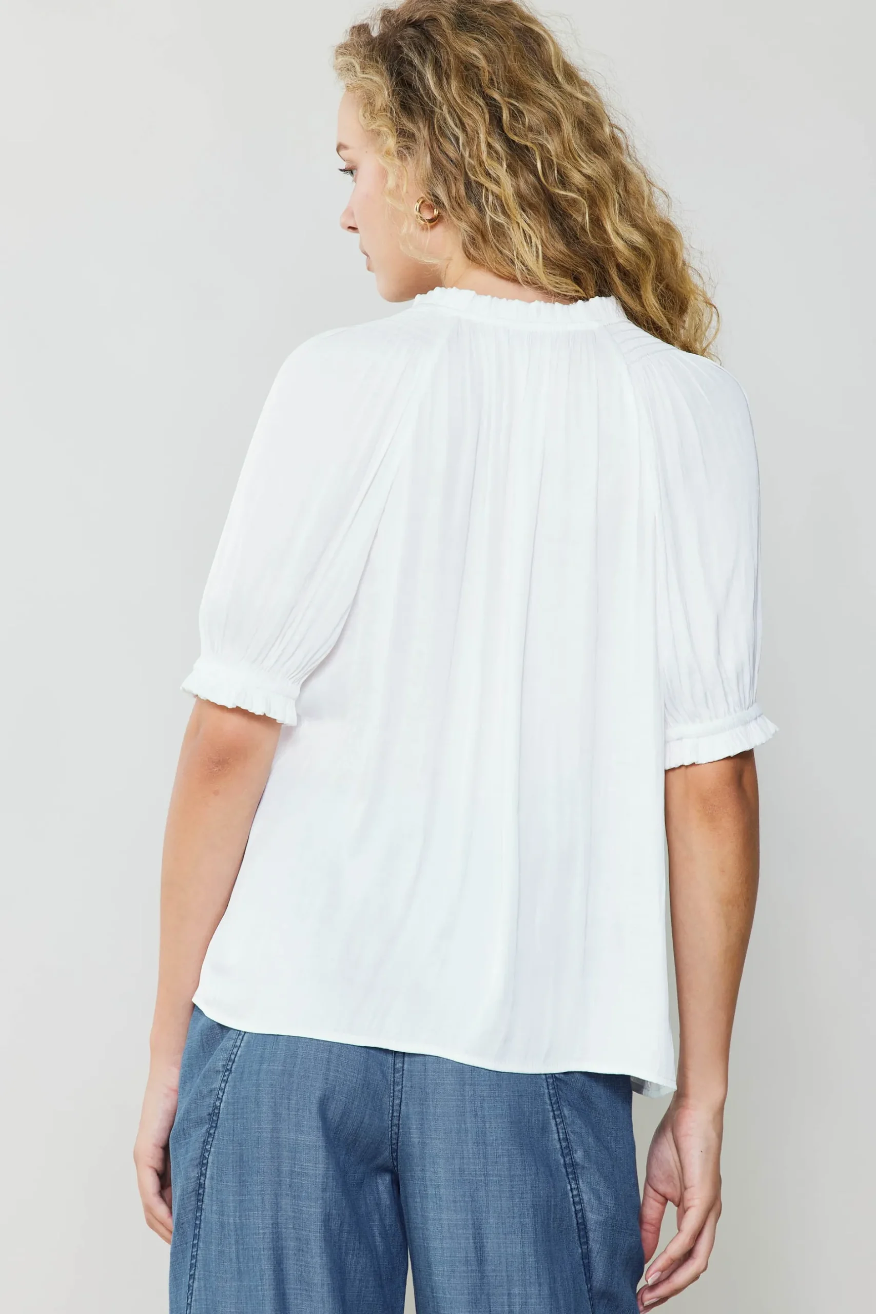 Short Sleeve Tops-Current Air Ruffled Cuff Blouse WHITE