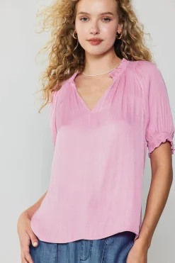 Short Sleeve Tops-Current Air Ruffled Cuff Blouse PASTELPINK