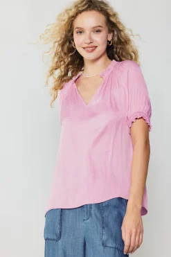 Short Sleeve Tops-Current Air Ruffled Cuff Blouse PASTELPINK