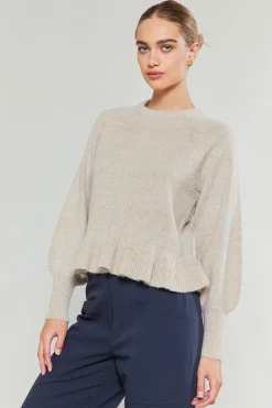 Knitwear|Sweaters-Current Air Ruffled Hem Sweater OATMEAL