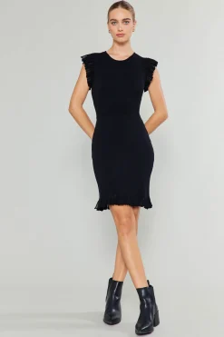 Knitwear|Mini Dresses-Current Air Ruffled Mini Sweater Dress BLACK