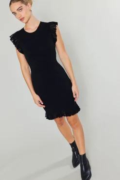 Knitwear|Mini Dresses-Current Air Ruffled Mini Sweater Dress BLACK