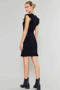 Knitwear|Mini Dresses-Current Air Ruffled Mini Sweater Dress BLACK