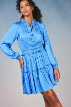 Mini Dresses-Current Air Ruffled Neck Mini Dress AZUREBLUE